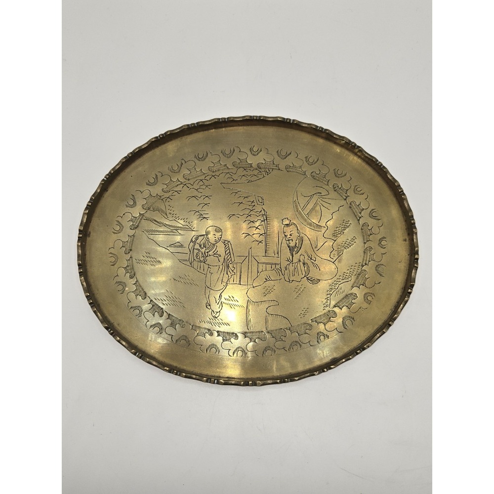 Antique Chinese Etched Brass Tea Tray with Scalloped Edge‎